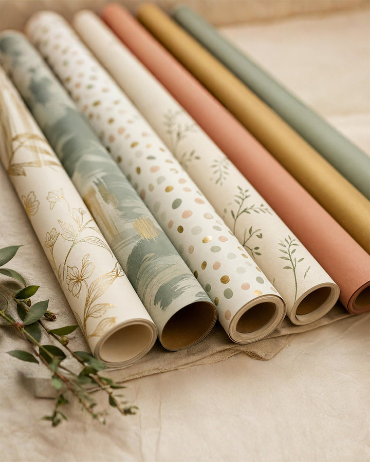 Rolls of Someday Sunday gift wrapping paper in soft neutral tones with gold botanical prints.